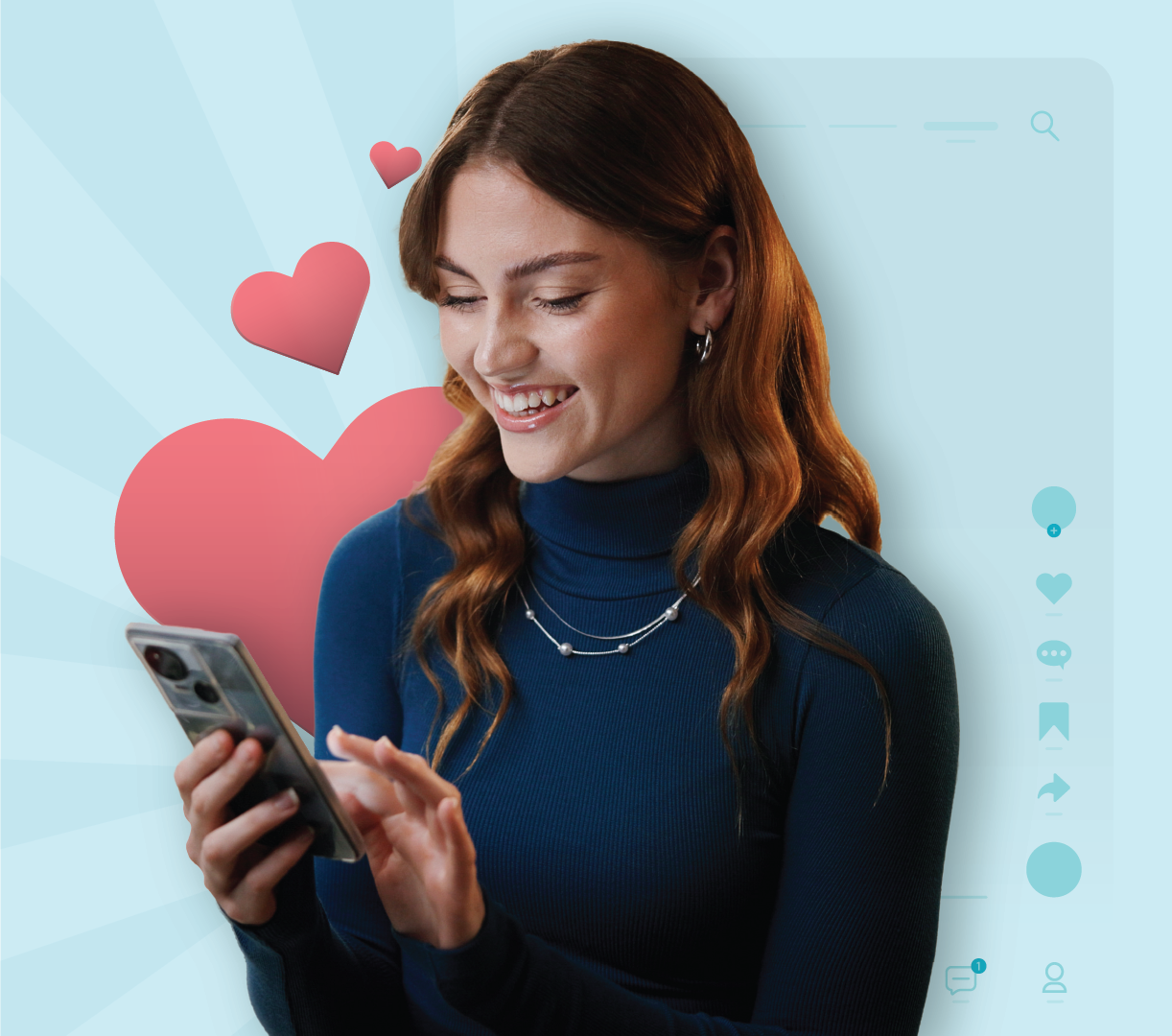 Jeune femme souriante faisant défiler son smartphone, entourée de cœurs roses et de l’interface d’une application de réseau social.